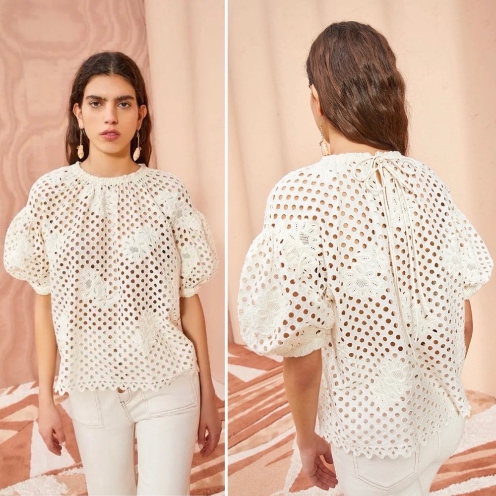 ULLA JOHNSON Eyelet Top Womens 8 Cream Floral Puff Sleeve Boho Designer Blouse